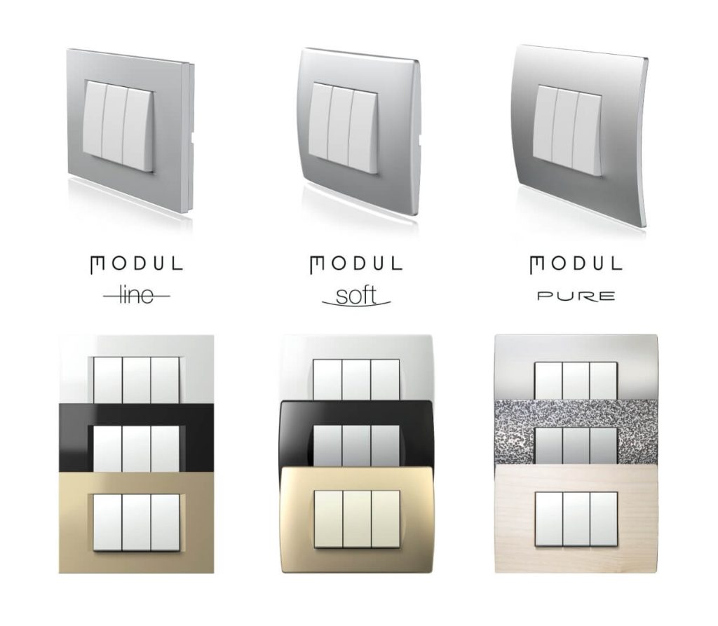 Prikaz tri različita stila modularnih prekidačkih panela s oznakama "Modul Line," "Modul Soft" i "Modul Pure." Svaki stil ima različite teksture i boje okvira, poput metalik, sjajne crne, zlatne i uzorka, naglašavajući svestranost dizajna.