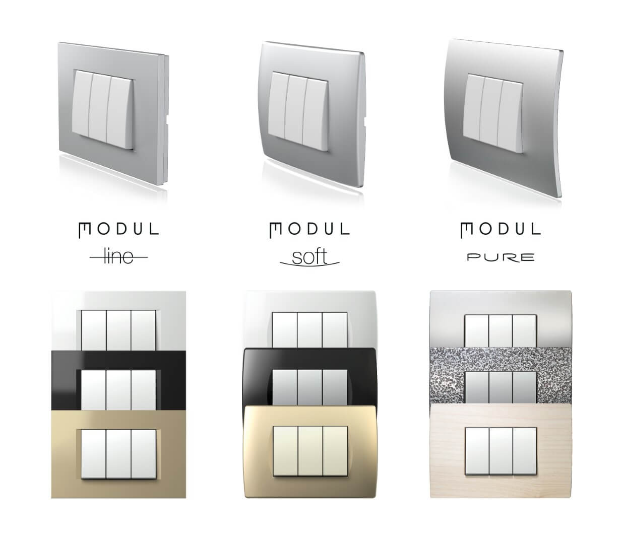 Prikaz tri različita stila modularnih prekidačkih panela s oznakama "Modul Line," "Modul Soft" i "Modul Pure." Svaki stil ima različite teksture i boje okvira, poput metalik, sjajne crne, zlatne i uzorka, naglašavajući svestranost dizajna.